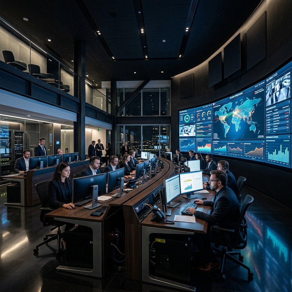 Editorial operations team reviewing regional information in a command centre